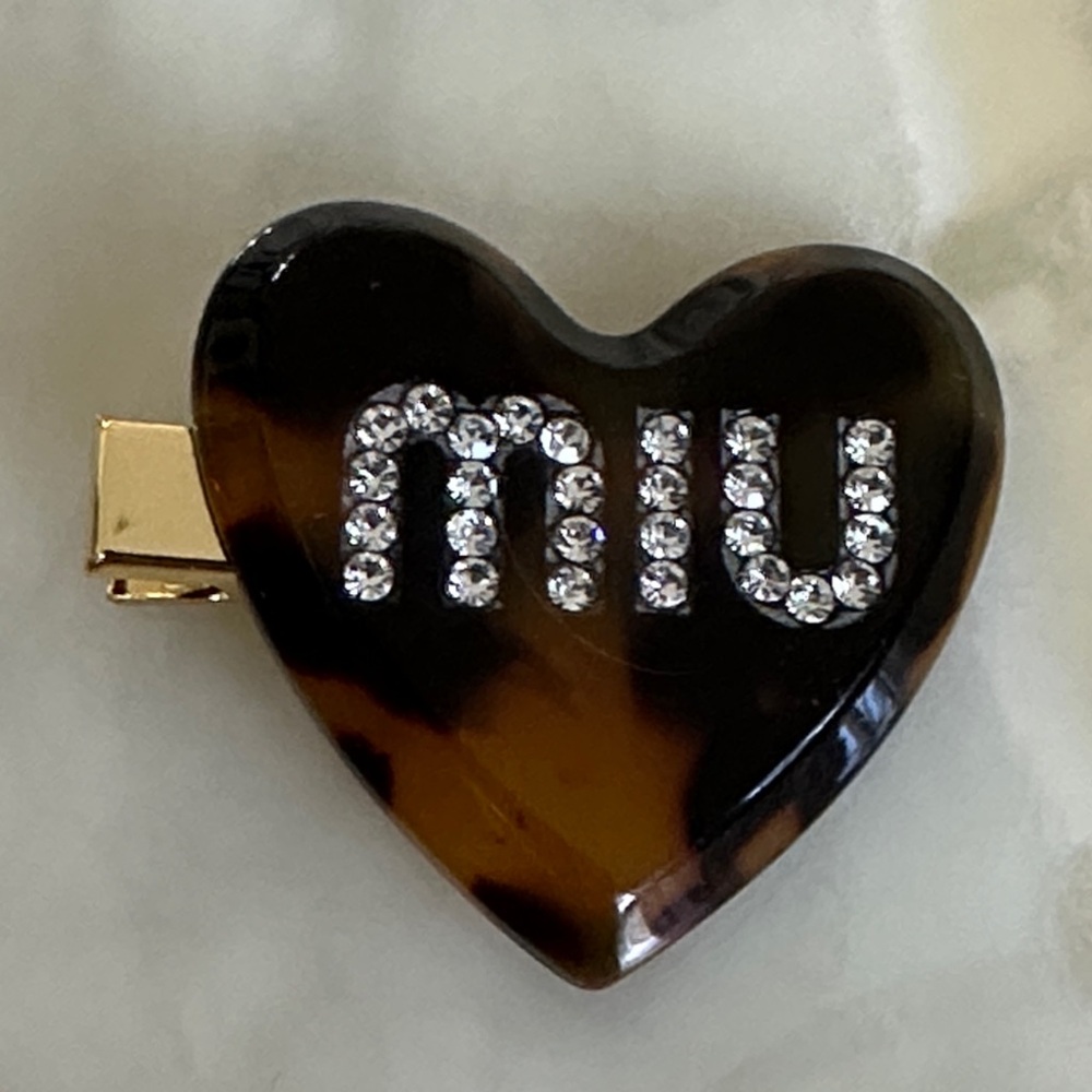 Miu Miu Tortoiseshell Heart Hair Clip with Gold Accents